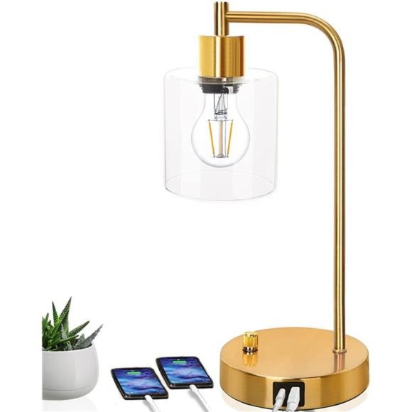 Gold Industrial Table Lamp with USB Ports, Elizabeth Vintage